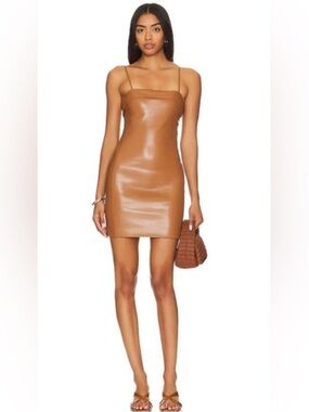 NWT! Alice + Olivia Kelly Vegan Leather brown Square neck Mini Dress. WomensSz 8